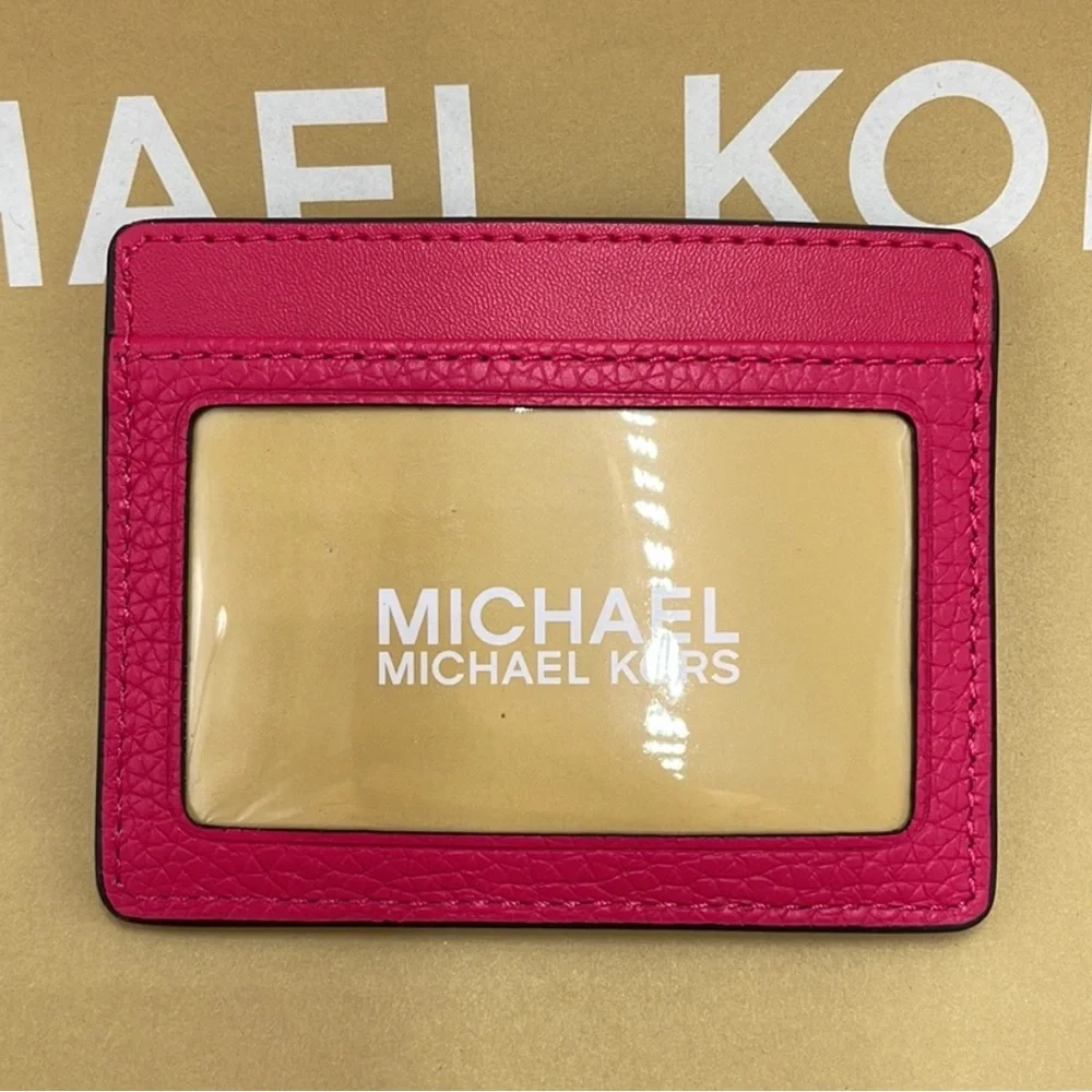 MICHAEL KORS Large Pebbled Leather Card Holder Case Electric Pink  NWT